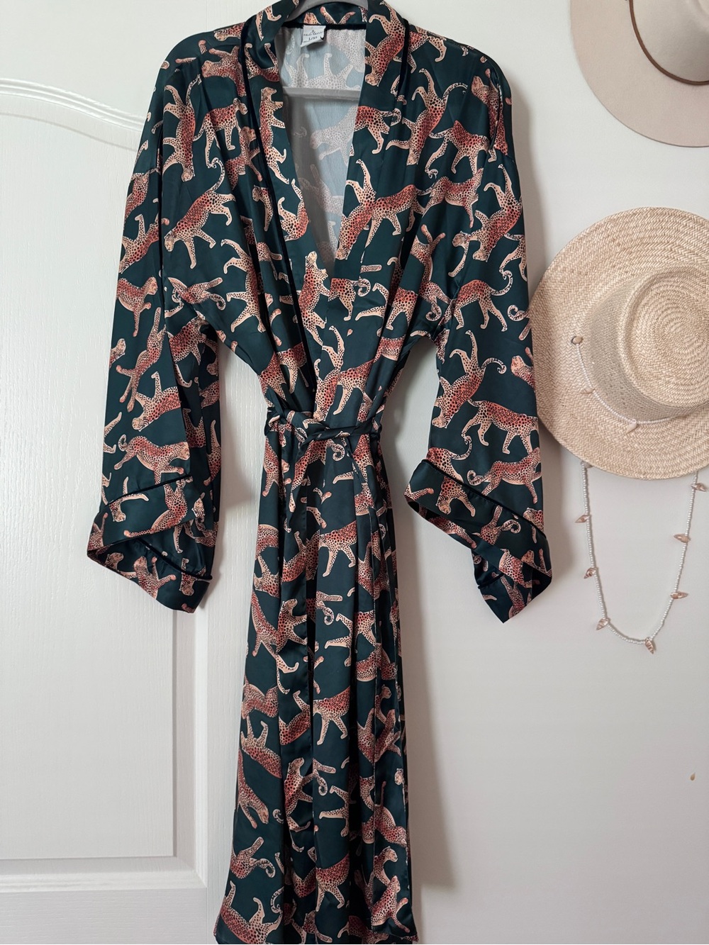 Dark Green Leopard Print Satin Robe